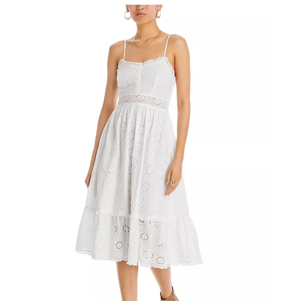 AQUA White Cotton Eyelet Midi Dress Spaghetti‎ Strap Summer Sundress Size L
